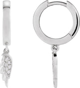 14K Gold Round Natural Diamond Angel Wing Hinged Hoop Earrings - White Gold