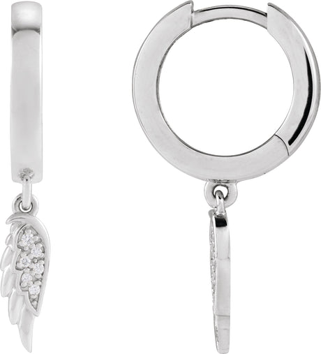 14K Gold Round Natural Diamond Angel Wing Hinged Hoop Earrings - White Gold