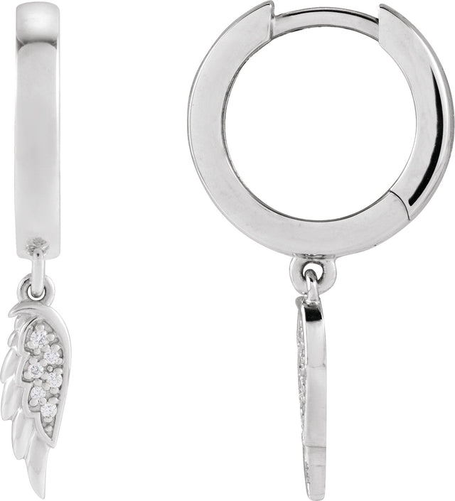14K Gold Round Natural Diamond Angel Wing Hinged Hoop Earrings - White Gold