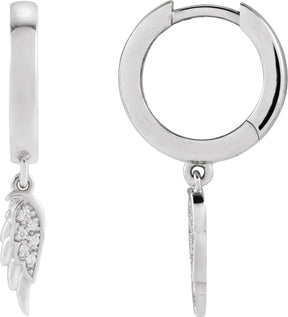 Platinum Round Natural Diamond Angel Wing Hinged Hoop Earrings