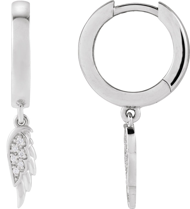 14K Gold Round Natural Diamond Angel Wing Hinged Hoop Earrings - White Gold - view 2