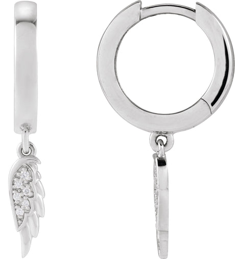 Platinum Round Natural Diamond Angel Wing Hinged Hoop Earrings - view 2