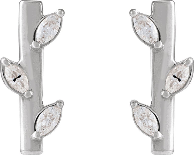 14K Gold Marquise Natural Diamond Floral Bar Earrings - White Gold - view 2