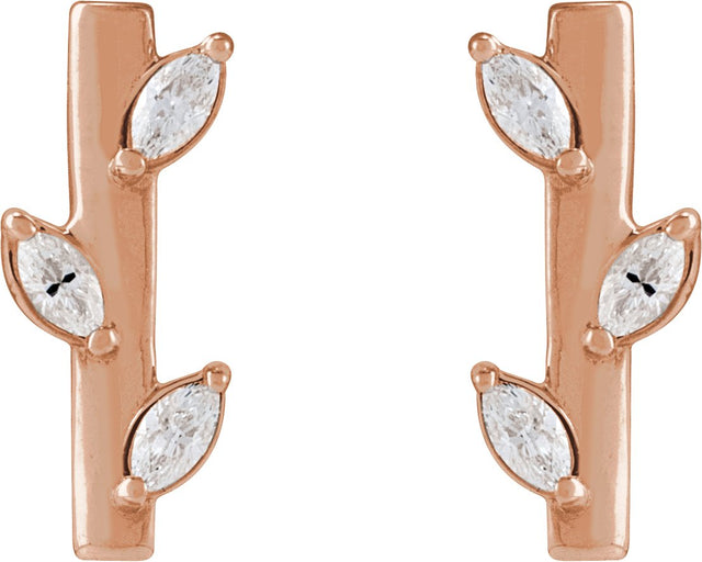 14K Gold Marquise Natural Diamond Floral Bar Earrings - Rose Gold - view 2
