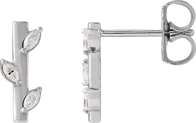 14K Gold Marquise Natural Diamond Floral Bar Earrings - White Gold