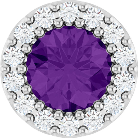 14K Gold Round Natural Amethyst Halo-Style Pendant - White Gold