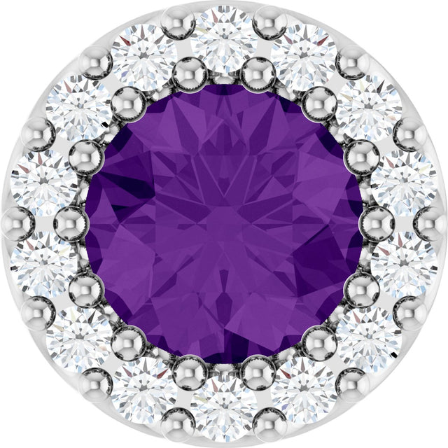 14K Gold Round Natural Amethyst Halo-Style Pendant - White Gold