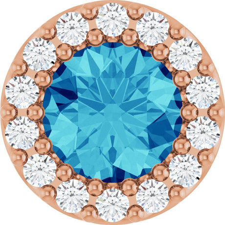 14K Gold Round Natural Blue Zircon Halo-Style Pendant - Rose Gold