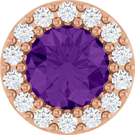 14K Gold Round Natural Amethyst Halo-Style Pendant - Rose Gold