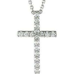 14K Gold Round Natural Diamond Petite Cross Necklace or Pendant – up to 1/5 CTW - White Gold