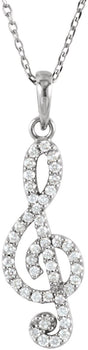 14K Gold Round Natural Diamond Petite Treble Clef Necklace or Pendant - White Gold