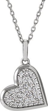14K Gold Round Natural Diamond Pavé-Style Heart Necklace or Pendant - White Gold