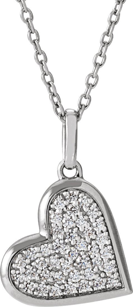 14K Gold Round Natural Diamond Pavé-Style Heart Necklace or Pendant - White Gold