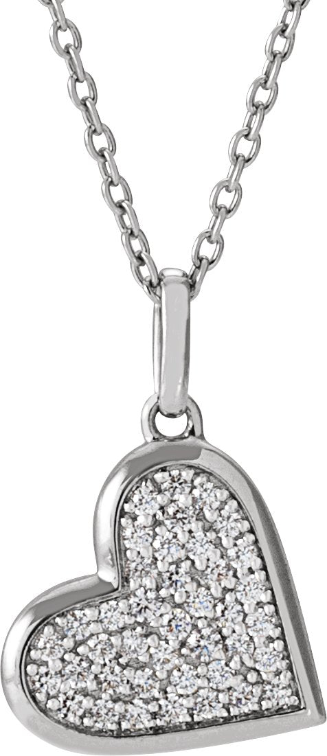 14K Gold Round Natural Diamond Pavé-Style Heart Necklace or Pendant - White Gold
