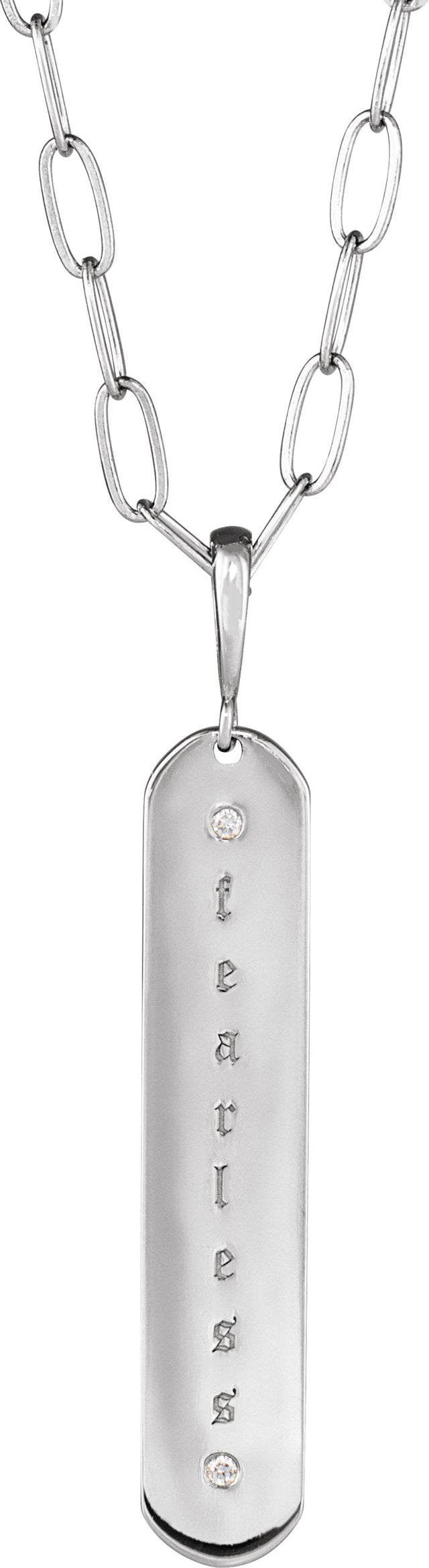 14K Gold Round Natural Diamond Engravable Accented Bar Necklace or Pendant - White Gold - view 3