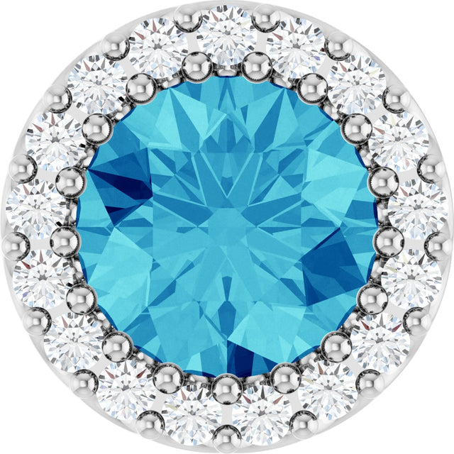 14K Gold Round Natural Blue Zircon Halo-Style Pendant - White Gold