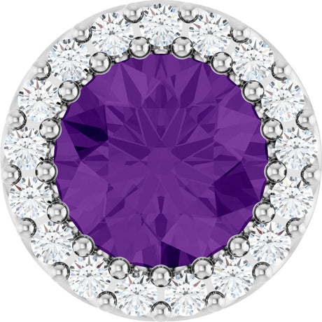 14K Gold Round Natural Amethyst Halo-Style Pendant - White Gold