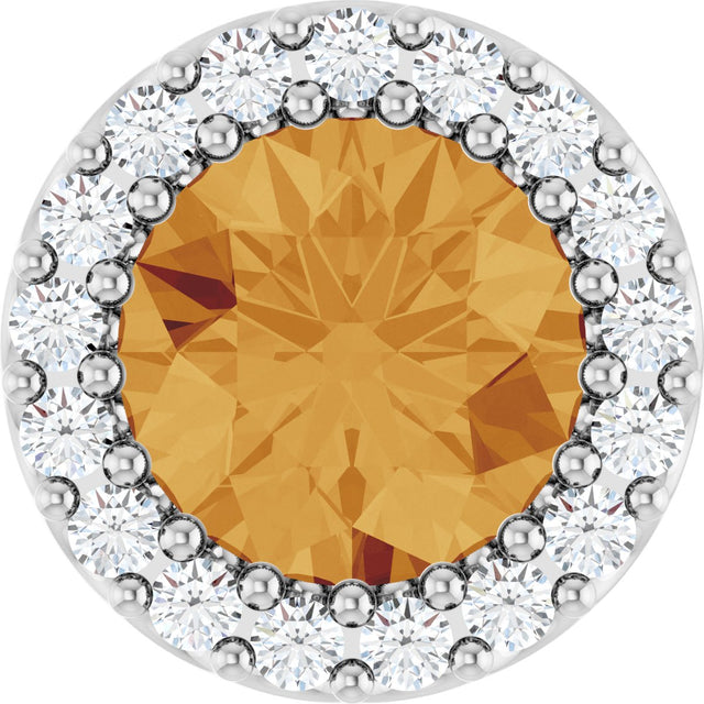 14K Gold Round Natural Citrine Halo-Style Pendant - White Gold