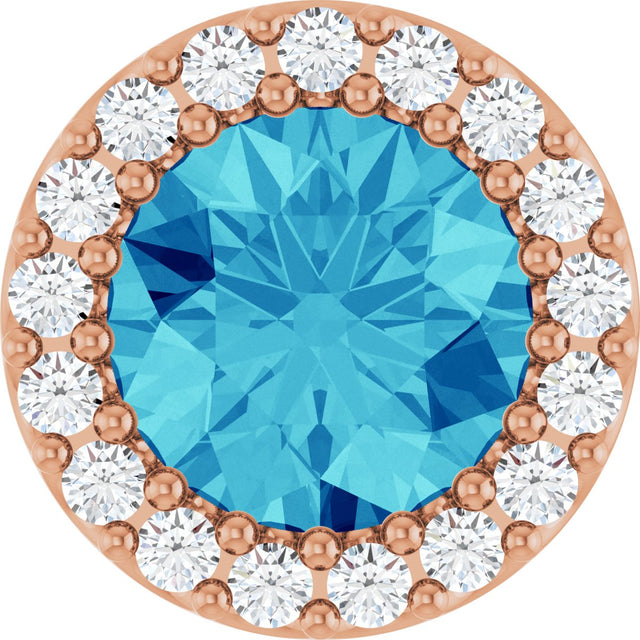 14K Gold Round Natural Blue Zircon Halo-Style Pendant - Rose Gold