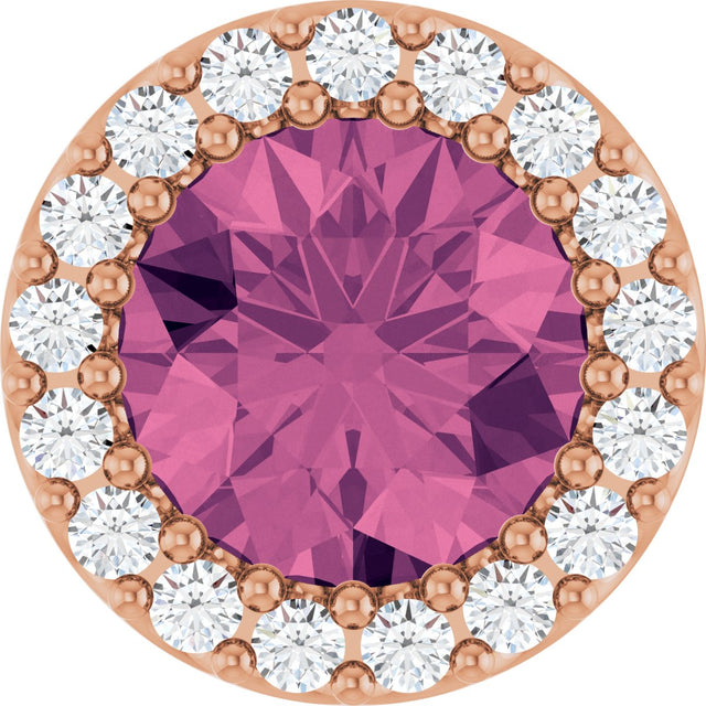 14K Gold Round Natural Pink Tourmaline Halo-Style Pendant - Rose Gold