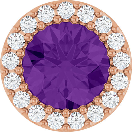 14K Gold Round Natural Amethyst Halo-Style Pendant - Rose Gold