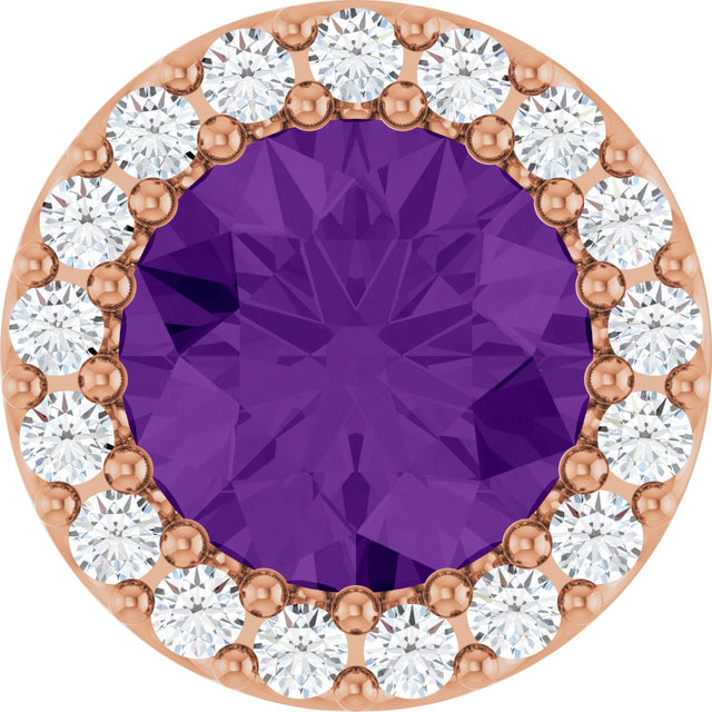14K Gold Round Natural Amethyst Halo-Style Pendant - Rose Gold