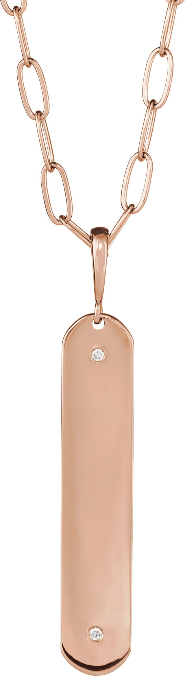14K Gold Round Natural Diamond Engravable Accented Bar Necklace or Pendant - Rose Gold