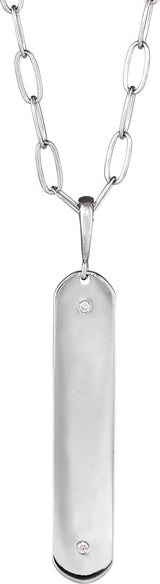 14K Gold Round Natural Diamond Engravable Accented Bar Necklace or Pendant - White Gold