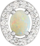 14K Gold Natural White Opal Oval Rose-Cut Halo-Style Pendant - White Gold