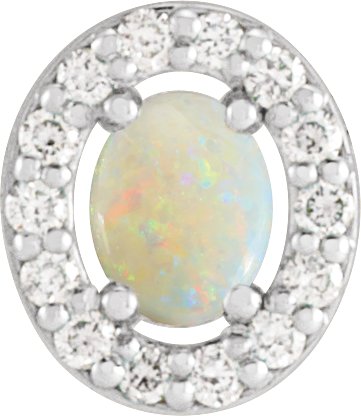 14K Gold Natural White Opal Oval Rose-Cut Halo-Style Pendant - White Gold