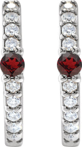 14K Gold Round Natural Mozambique Garnet Accented Hoop Earrings – 2mm Stones - White Gold - view 2
