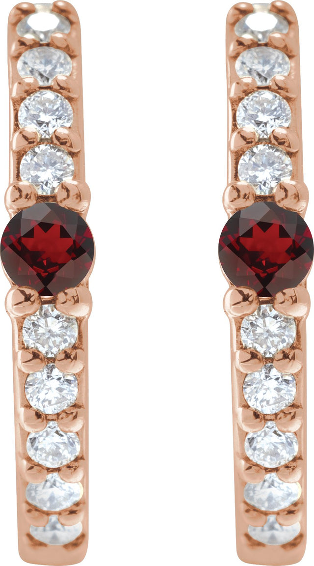 14K Gold Round Natural Mozambique Garnet Accented Hoop Earrings – 2mm Stones - Rose Gold - view 2