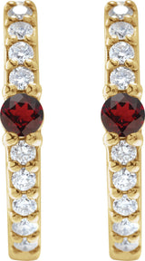 14K Gold Round Natural Mozambique Garnet Accented Hoop Earrings – 2mm Stones - Yellow Gold - view 2