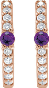 14K Gold Round Natural Amethyst Accented Hoop Earrings – 2mm Stones - Rose Gold - view 2