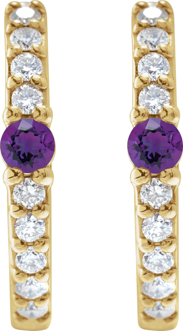 14K Gold Round Natural Amethyst Accented Hoop Earrings – 2mm Stones - Yellow Gold - view 2