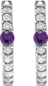14K Gold Round Natural Amethyst Accented Hoop Earrings – 2mm Stones - White Gold - view 2