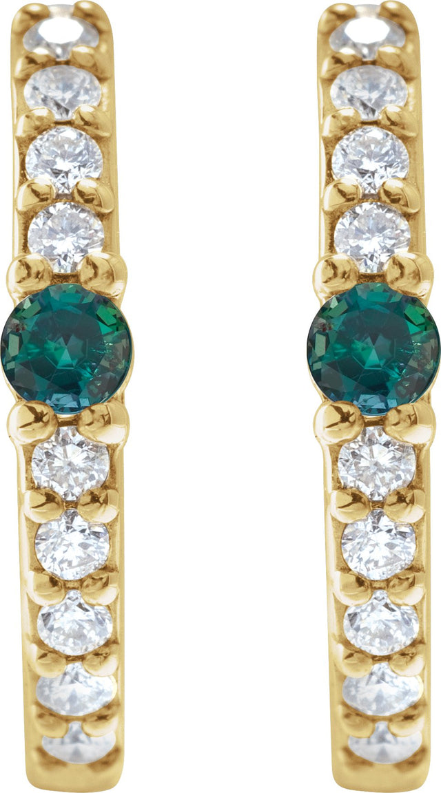 14K Gold Round Natural Alexandrite Accented Hoop Earrings – 2mm Stones - Yellow Gold - view 2