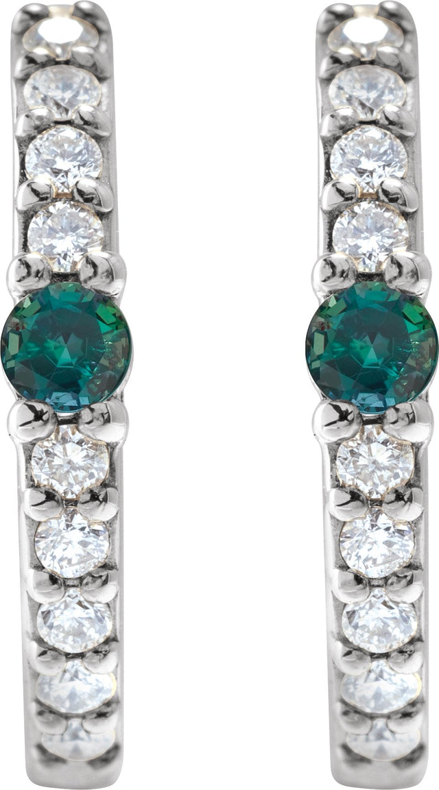 14K Gold Round Natural Alexandrite Accented Hoop Earrings – 2mm Stones - White Gold - view 2