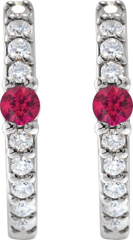 Platinum Round Lab-Grown Ruby Accented Hoop Earrings – 2mm Stones - view 2