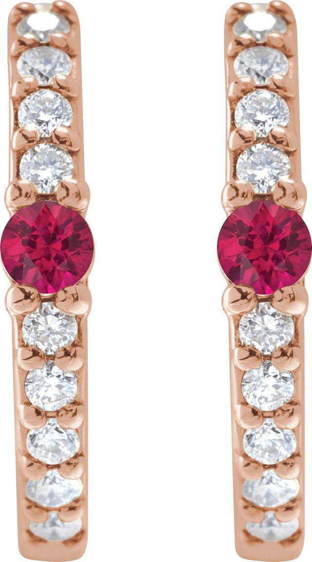 14K Gold Round Natural Ruby Accented Hoop Earrings – 2mm Stones - Rose Gold - view 2