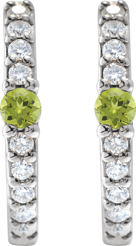 Platinum Round Natural Peridot Accented Hoop Earrings – 2mm Stones - view 2