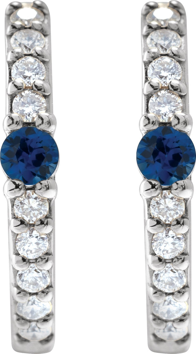 14K Gold Round Natural Blue Sapphire Accented Hoop Earrings – 2mm Stones - White Gold - view 2
