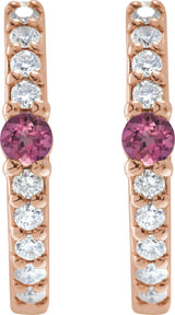 14K Gold Round Natural Pink Tourmaline Accented Hoop Earrings – 2mm Stones - Rose Gold - view 2