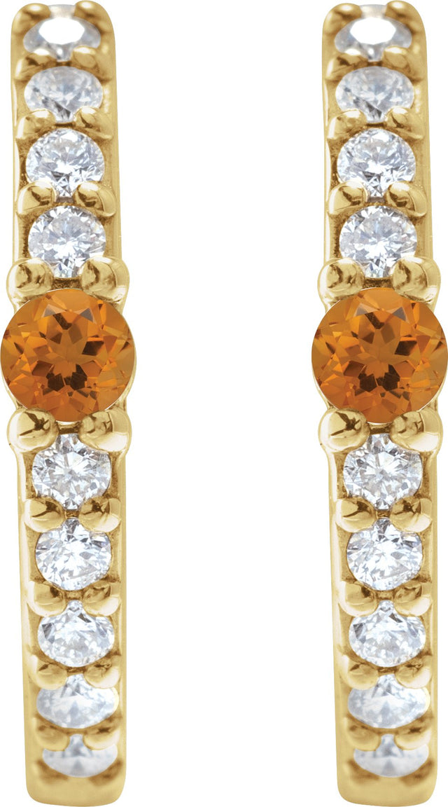 14K Gold Round Natural Citrine Accented Hoop Earrings – 2mm Stones - Yellow Gold - view 2