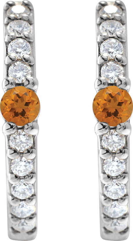 Platinum Round Natural Citrine Accented Hoop Earrings – 2mm Stones - view 2