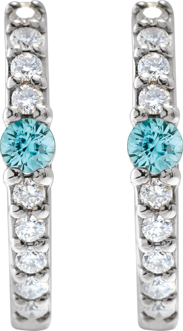 14K Gold Round Natural Blue Zircon Accented Hoop Earrings – 2mm Stones - White Gold - view 2