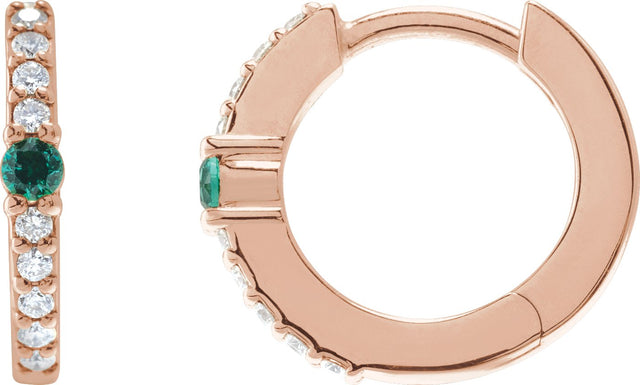 14K Gold Round Natural Emerald Accented Hoop Earrings – 2mm Stones - Rose Gold