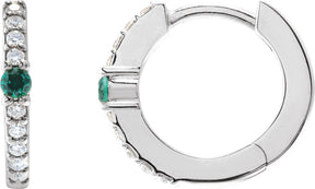 Platinum Round Natural Emerald Accented Hoop Earrings – 2mm Stones