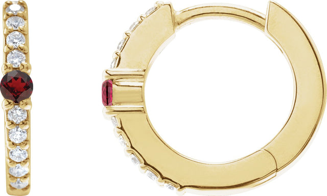 14K Gold Round Natural Mozambique Garnet Accented Hoop Earrings – 2mm Stones - Yellow Gold