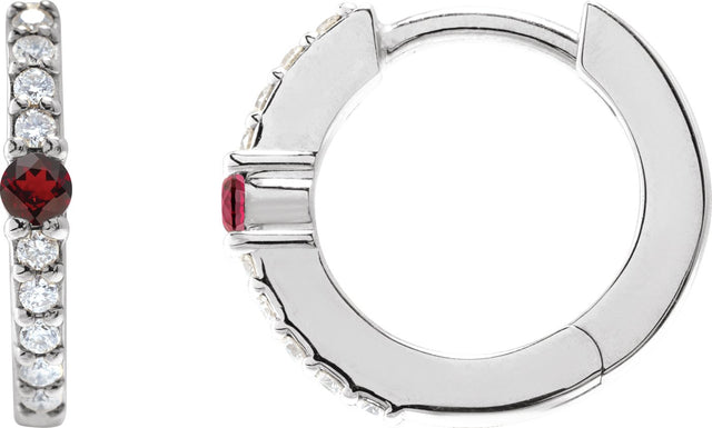 14K Gold Round Natural Mozambique Garnet Accented Hoop Earrings – 2mm Stones - White Gold